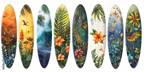 Vintage summer surf design with colorful surfboards, palm trees and waves for a tropical beach vibe.