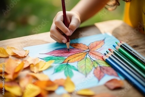 AI-generated illustration of a child drawing colorful leaves in an outdoor setting