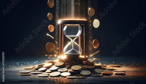 a golden hourglass symbolizing time is surrounded by various sizes and designs of coins, representing wealth, all illuminated by a mystical glow against a dark background