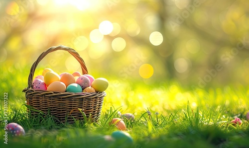 Wooden Basket full of easter eggs on green grass.