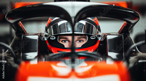 A Formula 1 pilot in a helmet before start of the race. Steely determination, fueling the fire within.