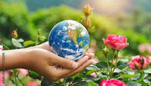 earth day or world environment day concept save our planet restore and protect green nature sustainable lifestyle and climate literacy theme blooming rose flower garden and globe in hand 22 april