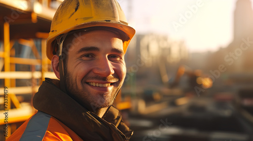 笑顔で仕事をする現場作業員の男性
