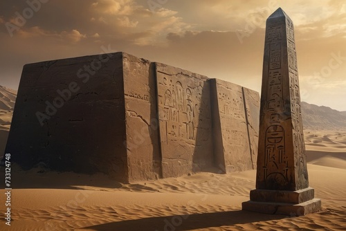 Ancient Ruins and Portal History in the African Desert with Luxor Egyptian Obelisk and Eiffel Tower