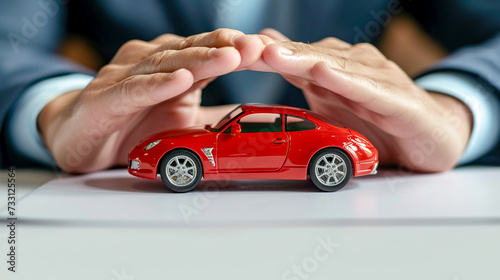 Businessman hands protecting red toy car on the table. Concept of auto protection and insurance