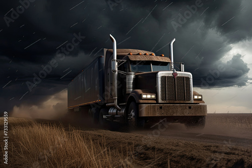 Massive truck effortlessly maneuvers down rugged dirt road, surrounded by untouched beauty of nature, under brooding cloudy sky.