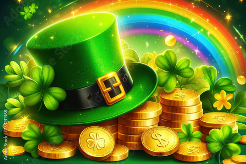 Happy St. Patrick's Day background green shamrock hat full gold coins rainbow.