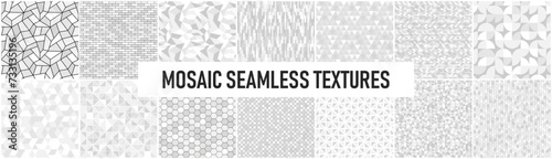 Collection of white and gray seamless decorative mosaic geometric textures. Tile repeatable backgrounds. Endless elegant patterns. Ceramic design
