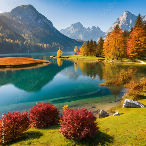 autumn scene of hintersee lake colorful morning view of Bavarian alps on the Austrian