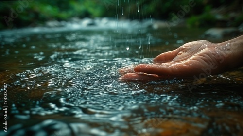 hand gently touching water in river flow 