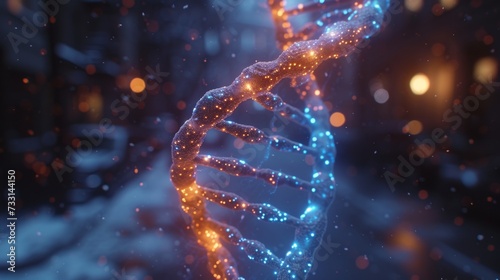 A DNA hologram is displayed on the exterior of a contemporary business center, proposing a biotechnology and genetic concept.