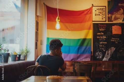 A man sits at a table in a cafe with his back to the camera, a rainbow LGBT flag hangs on the wall