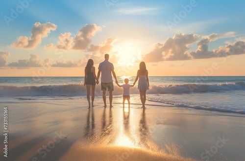 Back view of a family holding hands and standing on the beach, with two adults and two children looking at the sea during sunset