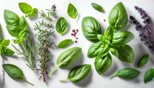 collection of fresh herb leaves thymeand basil spices herbs on a white table food background design element with shadow on background