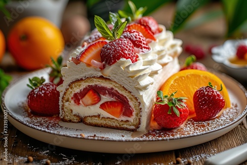 Vanilla roulade with cream and strawberry
