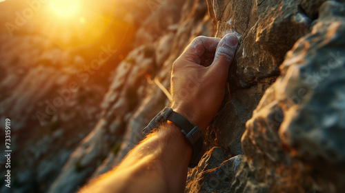 A close-up shot of a climber's hand gripping a rugged rock face.