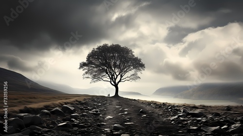 An ethereal black and white photograph of a lone tree standing tall against a cloudy sky