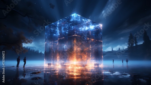 A captivating indigo cube floating weightlessly in space
