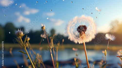 A close-up shot of a delicate dandelion seed floating in the air, carried away by a gentle breeze