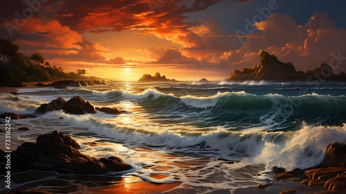 A golden sunrise casting a warm glow over a calm ocean, the waves gently lapping the shore