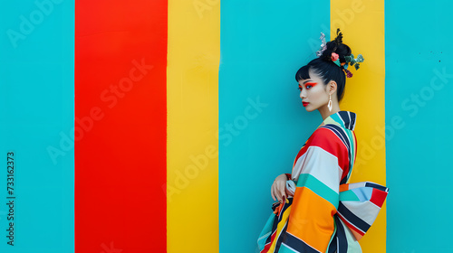 Beautiful woman wearing kimono, in the style of futuristic pop