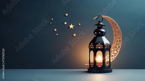 Golden crescent moon light with lantern and stars. Themed of Ramadan Kareem concept background.