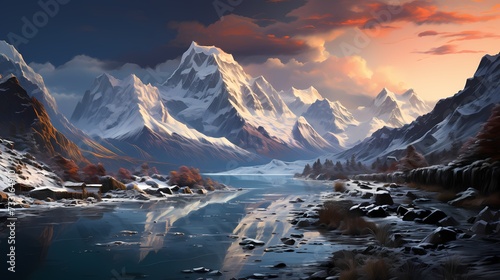 A panoramic view of a serene lake surrounded by snow-covered mountains, creating a breathtaking winter landscape