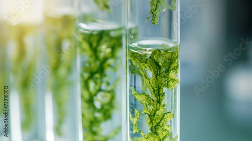 Green algae in a test tube in a laboratory, biology, science, genetically modified plants Green algae in the water structure of the reproduction of organisms