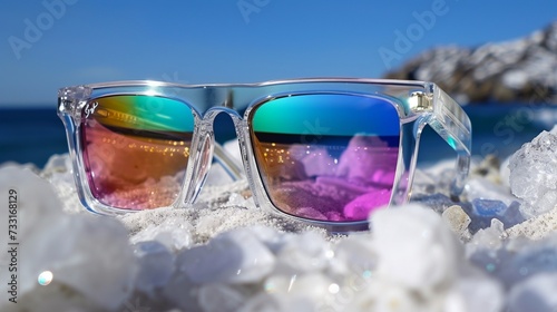 Trendy square sunglasses with transparent frames and rainbow reflective lenses. 
