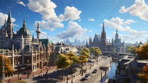 A top view of a bustling city square with historic architecture and bustling activity, with blue skies and scattered clouds overhead, showcasing the blend of tradition and modernity