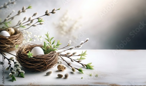 Easter composition with white egg in nest and pussy willow twigs on a cut section of a tree trunk