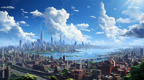 A top view of a city skyline with tall buildings reaching towards the heavens, framed by a backdrop of blue skies and scattered clouds, capturing the urban beauty against a natural backdrop