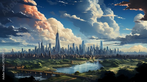 A top view of a city skyline with tall buildings reaching towards the heavens, framed by a backdrop of blue skies and scattered clouds, capturing the urban beauty against a natural backdrop