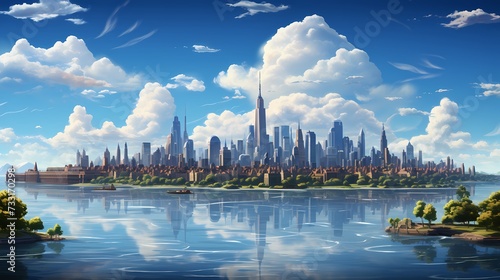 A top view of a city skyline with tall buildings reaching towards the heavens, framed by a backdrop of blue skies and scattered clouds, capturing the urban beauty against a natural backdrop