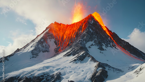 Eruption of snow mountain. Disaster moment