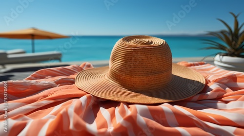 A top view of a colorful beach towel and sun hat against a serene sky blue background, signaling the start of a relaxing day by the shore