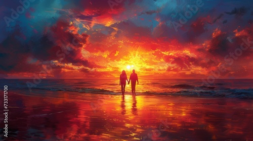 couple walk in sunset