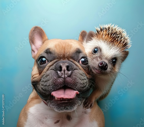 a hedgehog and her friend a french bulldog taking a selfie with a goofy smile 