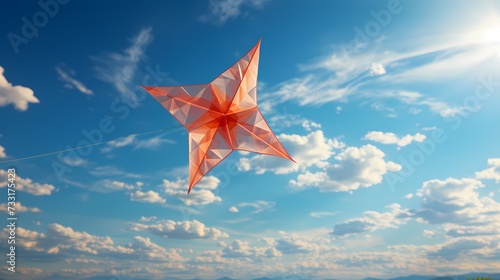 A top view of a kite soaring high in the sky against a vibrant blue background, capturing the joy and freedom of a breezy summer day