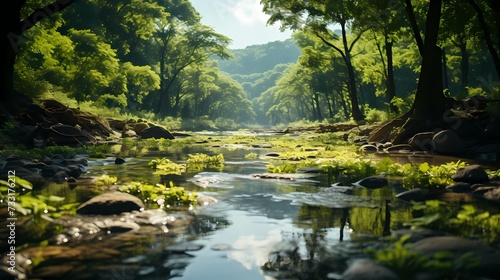 A top view of a lush green forest with sunlight streaming through the gaps in the canopy, and fluffy white clouds floating in the blue sky above, creating a tranquil and idyllic scene