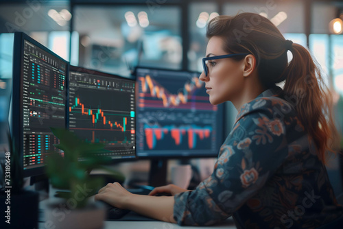 Female trader working on computer, analysis and research data for invest in stock and currency market
