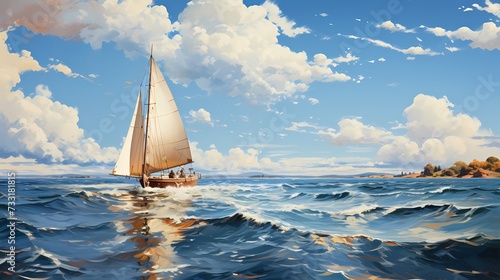 A top view of a sailboat gliding on calm waters beneath a canopy of blue skies and fluffy clouds, capturing the serenity of a day at sea