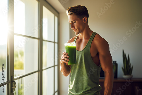 Healthy athletic man drinking green smoothie