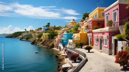 A top view of a serene coastal town with colorful houses and a marina, with blue skies and fluffy clouds above, inviting you to explore its charming streets