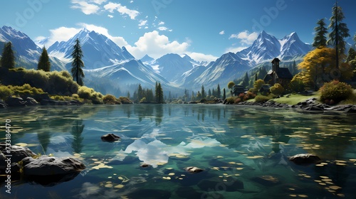 A top view of a serene lake surrounded by mountains, with blue skies and fluffy clouds reflecting in the calm waters, creating a picture-perfect postcard scene