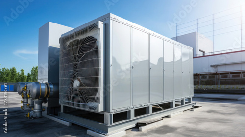 Condenser unit or compressor outside factory plant. Unit of ac air conditioner, heating ventilation or hvac air conditioning system.