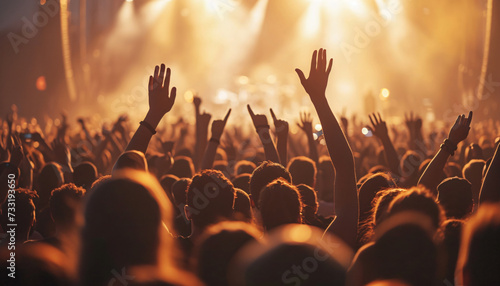 Festival or concert crowd standing in front of a stage and holding their hands in the air. Crowd photographed from behind. Stage performance, entertainment industry, enthusiastic audience.