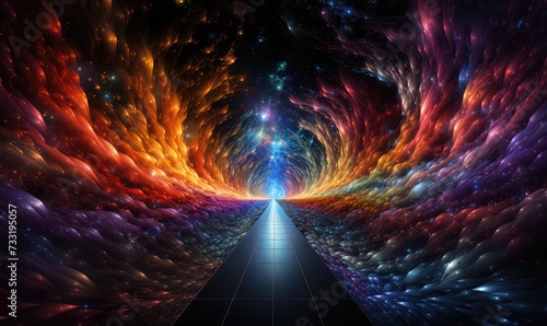 tunnel through spacetime This image captures the moment matter and energy cross the event horizon, entering a wormhole like tunnel that connects the parent universe to the newly spawned universe