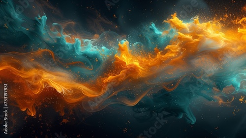 Dynamic swirls of fiery orange, cosmic teal, and glistening gold smoke converging on a pitch-black background, forming a bold and energetic abstract spectacle. 