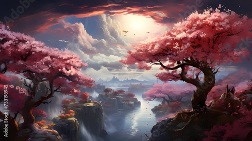 A top view of a vibrant rainbow arching over a blooming cherry blossom garden, with fluffy clouds and pink petals, creating a stunning and enchanting springtime scene